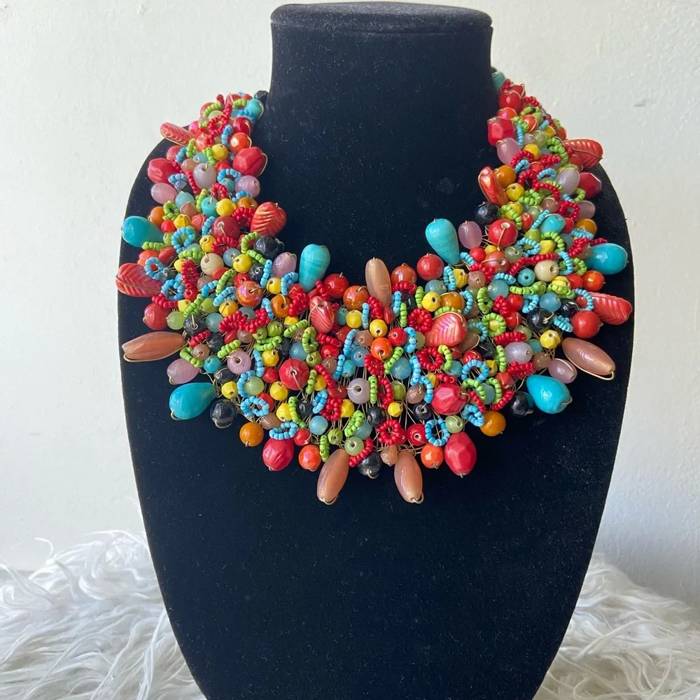 Rainbow Color Beaded Statement Necklace-FIRM PRICE - Picture 4 of 7